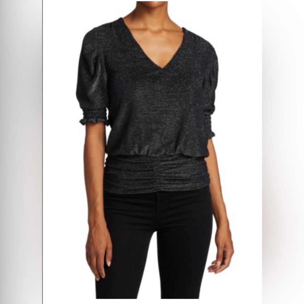 RAMY BROOK New York Flora Puff-Sleeve Silver Black Metallic Top Short Sleeve NWT